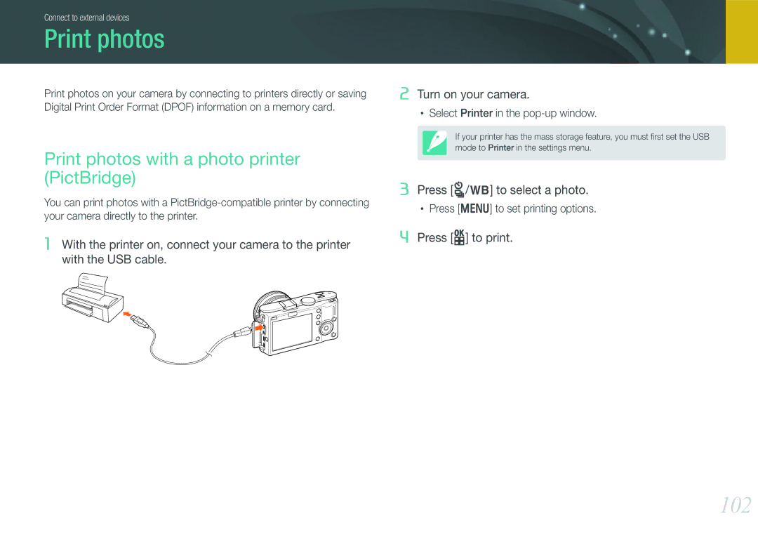 Samsung NX100 user manual 102, Print photos with a photo printer PictBridge 