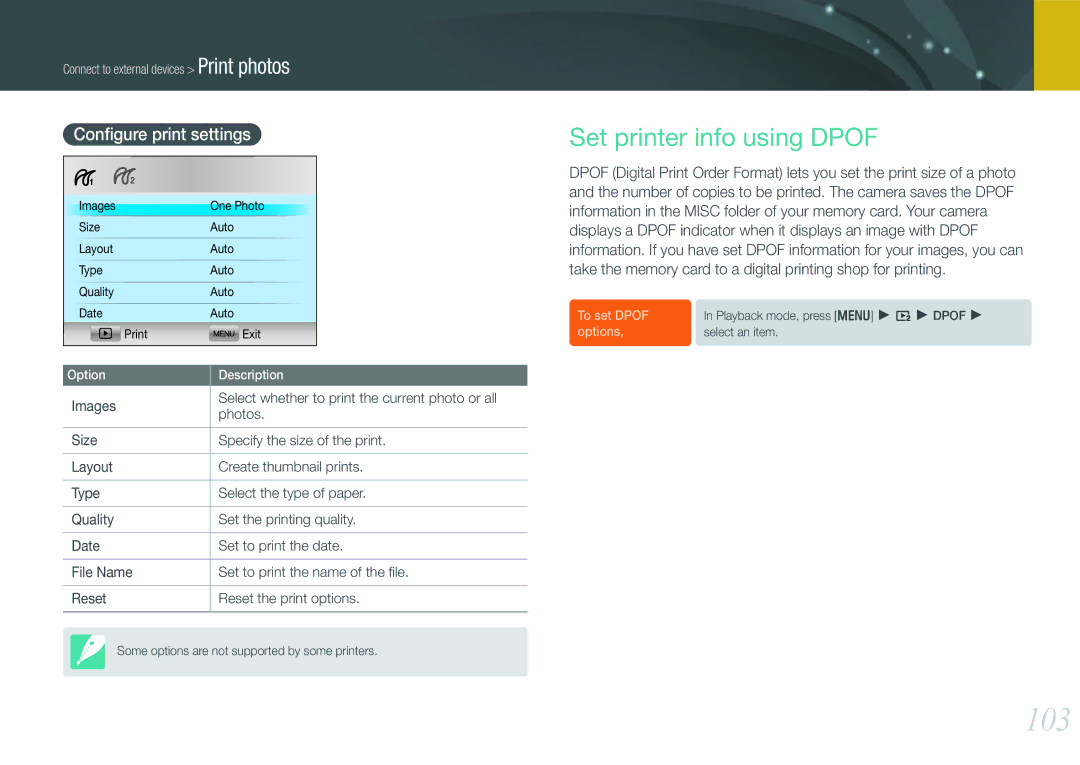 Samsung NX100 user manual 103, Set printer info using Dpof, Conﬁgure print settings 