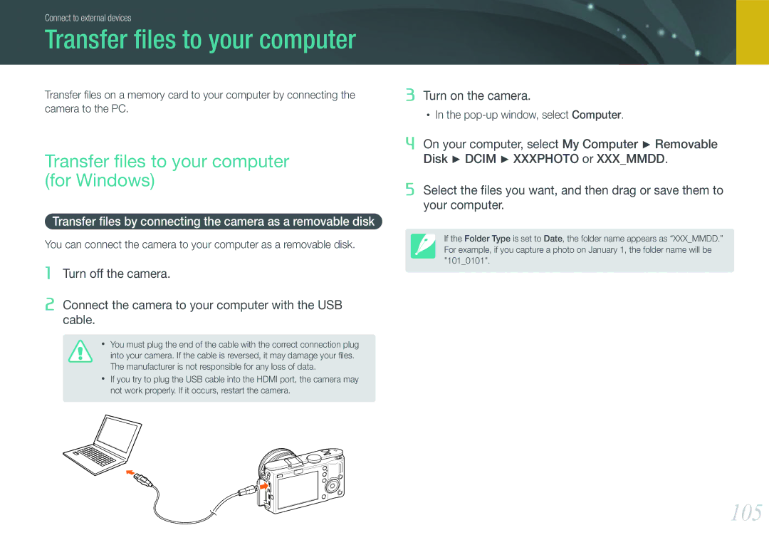 Samsung NX100 user manual 105, Transfer ﬁles to your computer for Windows 