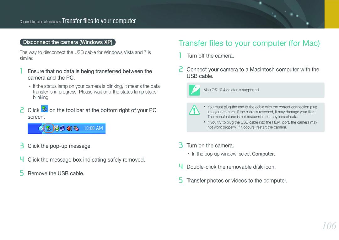 Samsung NX100 user manual 106, Transfer ﬁles to your computer for Mac, Disconnect the camera Windows XP 