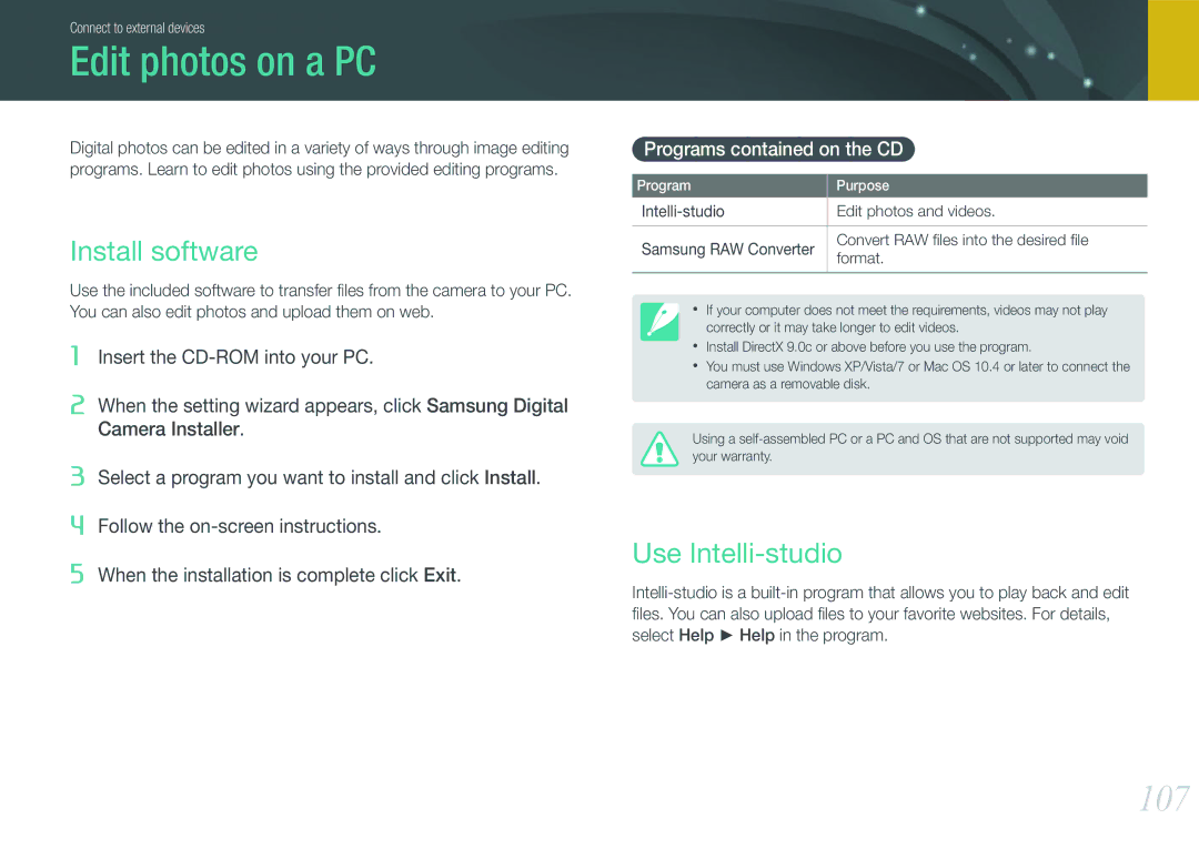 Samsung NX100 user manual Edit photos on a PC, 107, Install software, Use Intelli-studio, Programs contained on the CD 