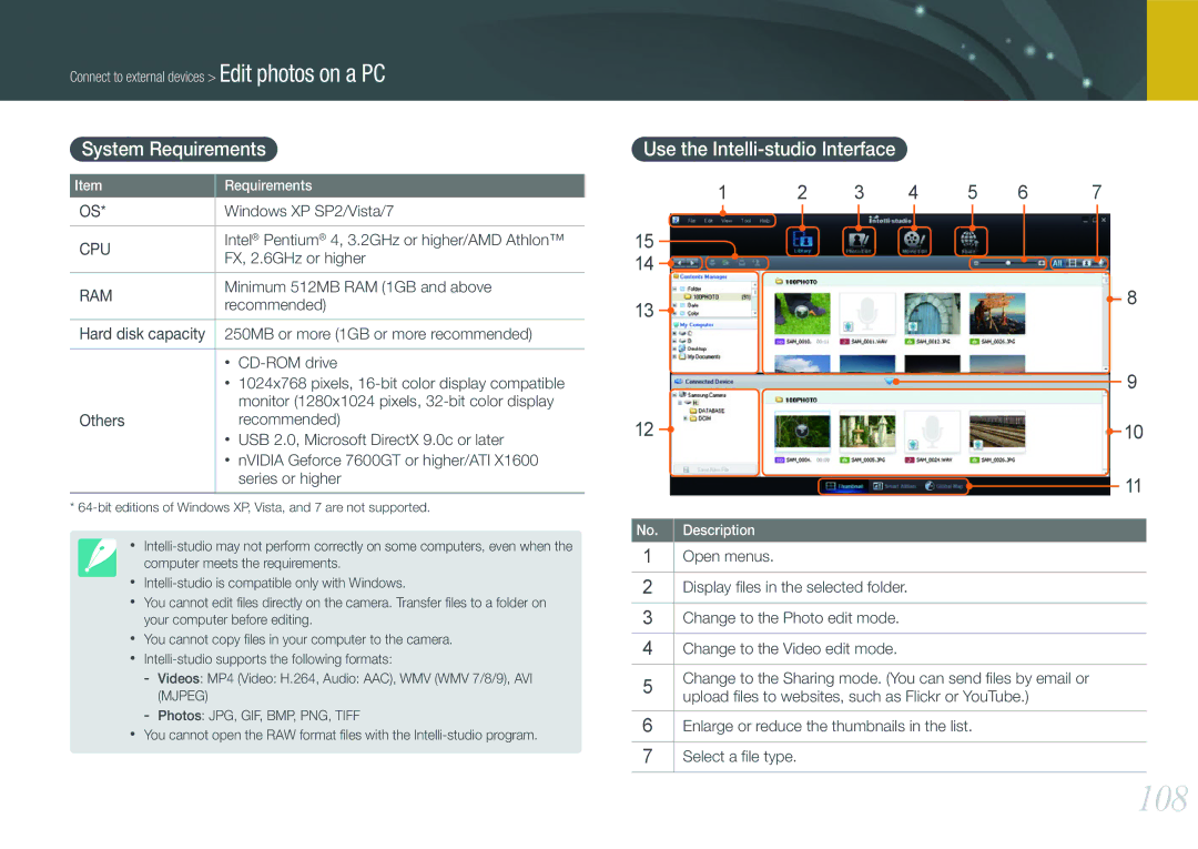 Samsung NX100 user manual 108, System Requirements, Use the Intelli-studio Interface 