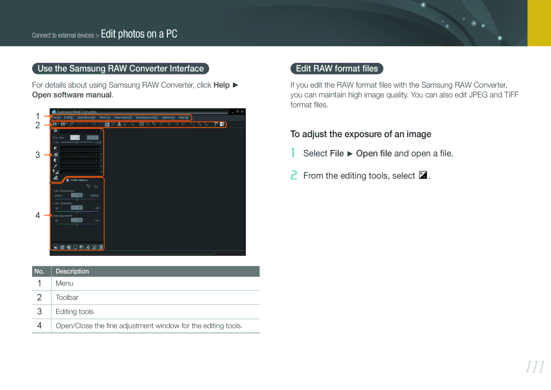 Samsung NX100 user manual 111, Use the Samsung RAW Converter Interface, Edit RAW format ﬁles 