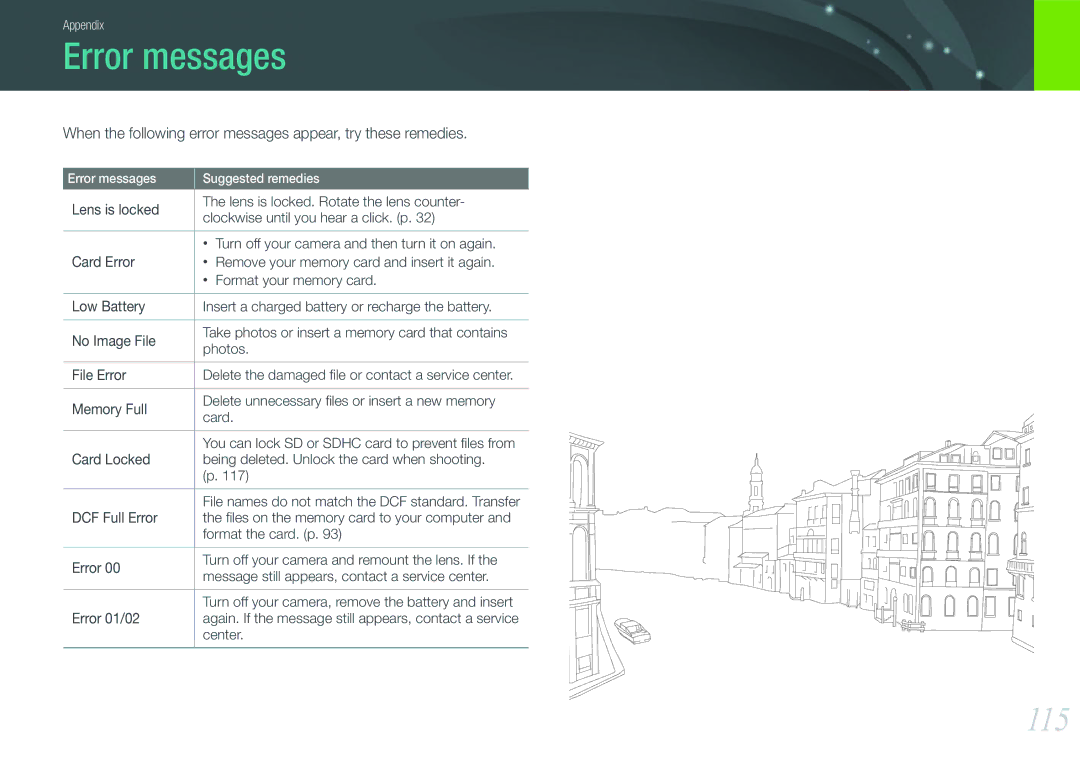 Samsung NX100 user manual Error messages, 115 