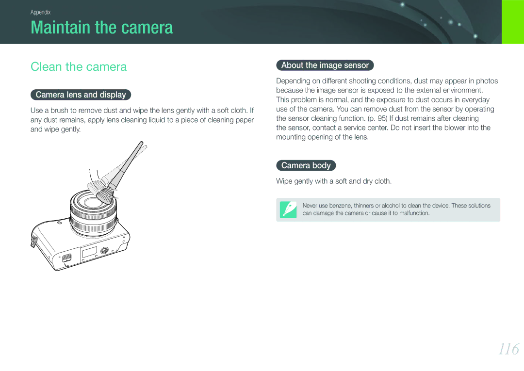 Samsung NX100 user manual Maintain the camera, 116, Clean the camera 