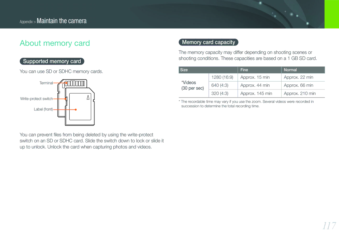 Samsung NX100 117, About memory card, Supported memory card, Memory card capacity, You can use SD or Sdhc memory cards 