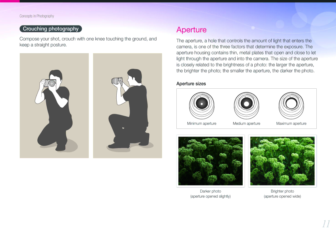 Samsung NX100 user manual Aperture, Crouching photography 