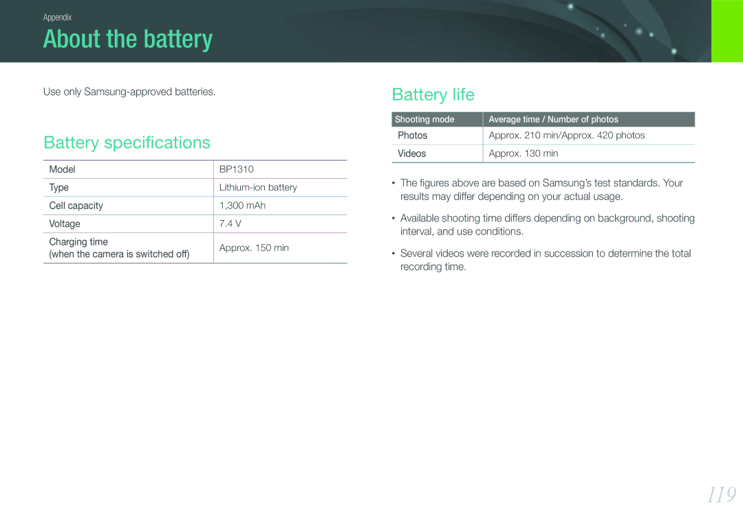 Samsung NX100 user manual About the battery, 119, Battery speciﬁcations, Battery life, Use only Samsung-approved batteries 