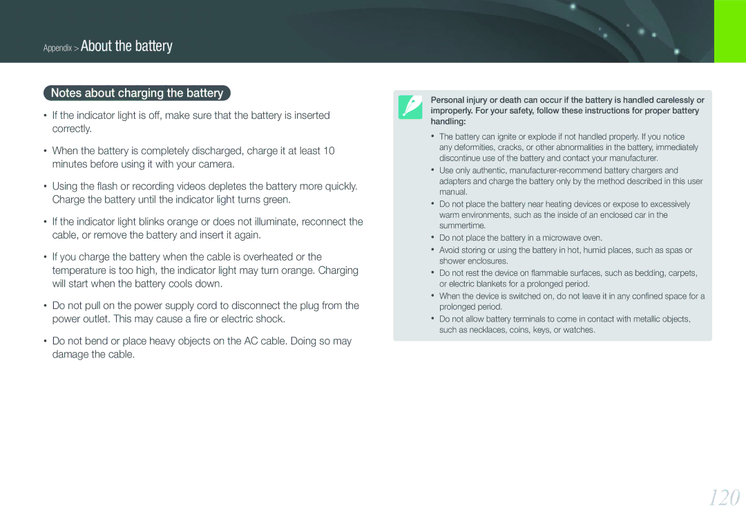 Samsung NX100 user manual 120, Appendix About the battery 