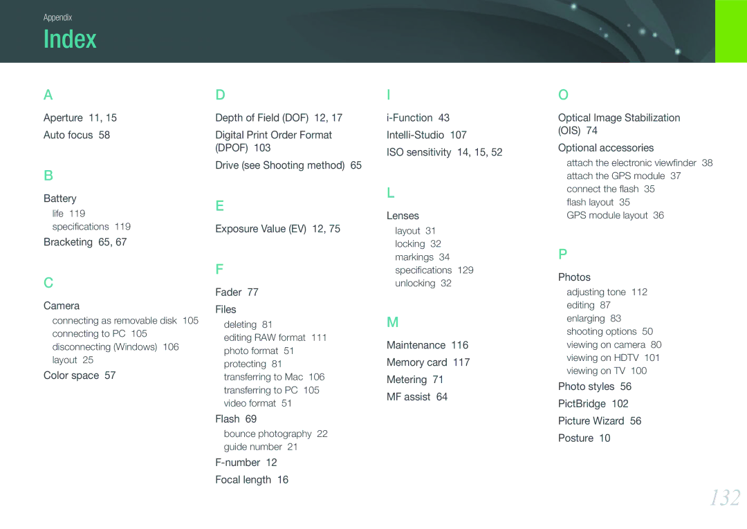 Samsung NX100 user manual Index, 132 