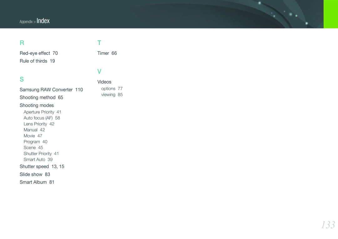Samsung NX100 user manual 133, Shutter speed 13 Slide show Smart Album Timer Videos, Options 77 viewing 