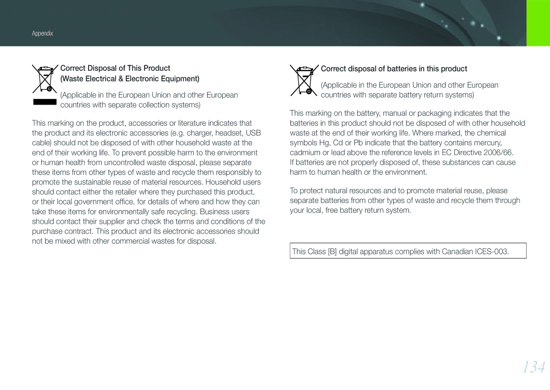 Samsung NX100 user manual 134, Correct disposal of batteries in this product 