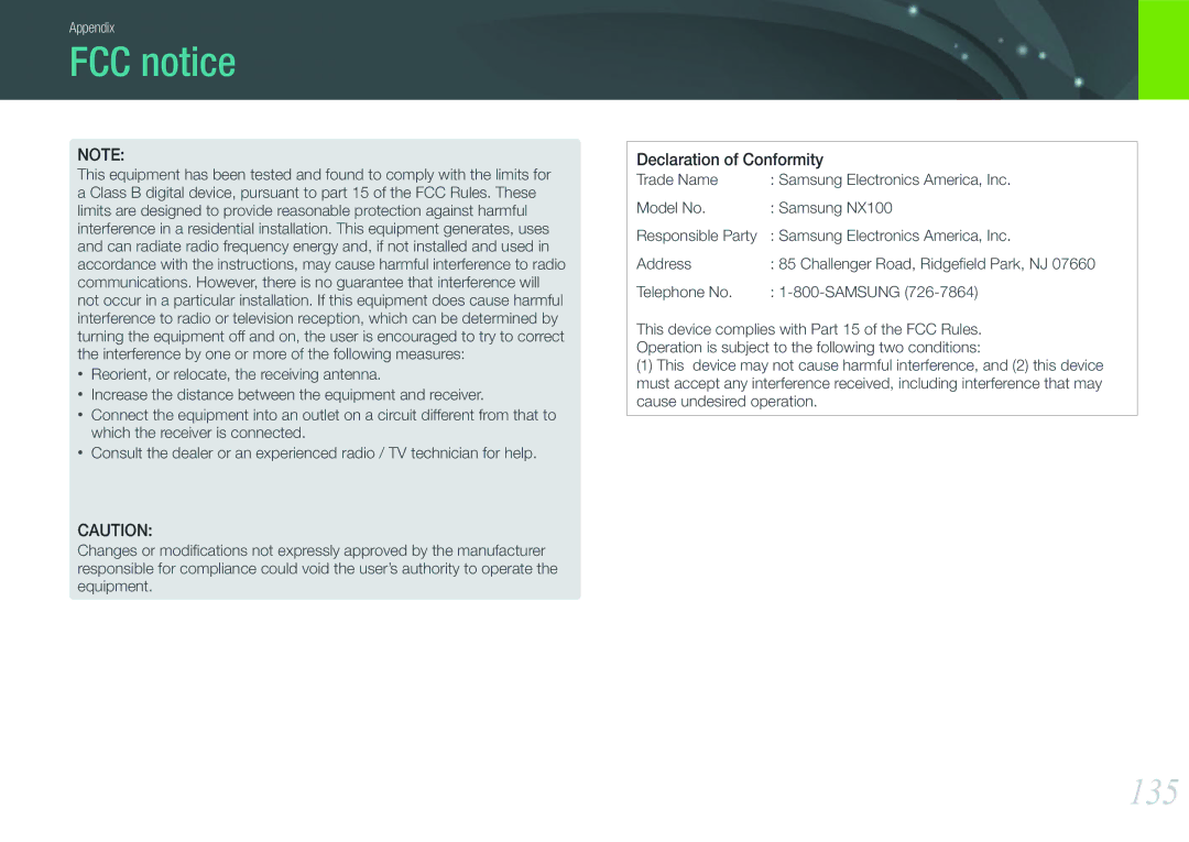 Samsung NX100 user manual FCC notice, 135 