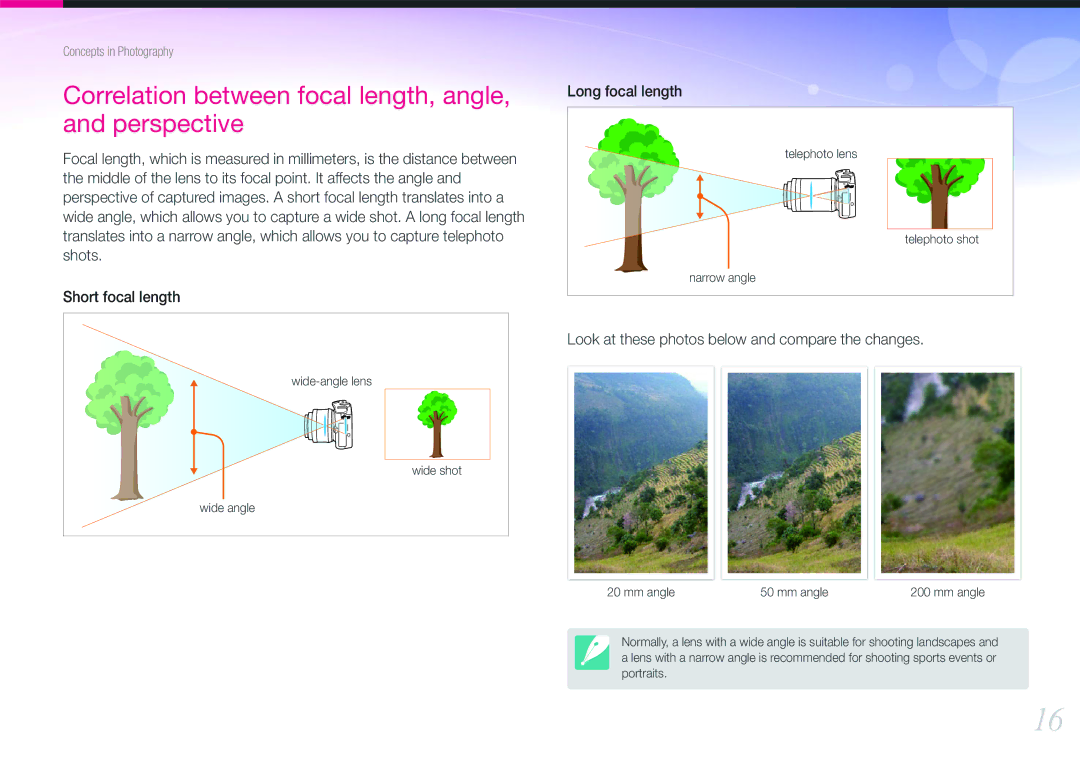 Samsung NX100 user manual Correlation between focal length, angle, and perspective 