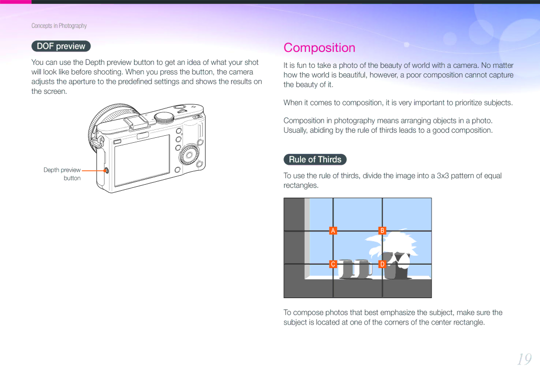 Samsung NX100 user manual DOF preview, Rule of Thirds 