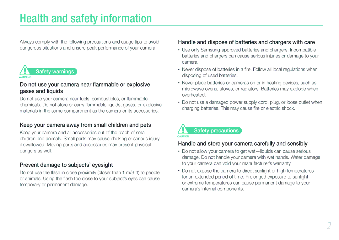 Samsung NX100 user manual Health and safety information, Safety warnings, Safety precautions 