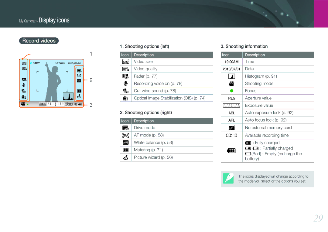 Samsung NX100 user manual Record videos, Shooting mode Focus, Available recording time 