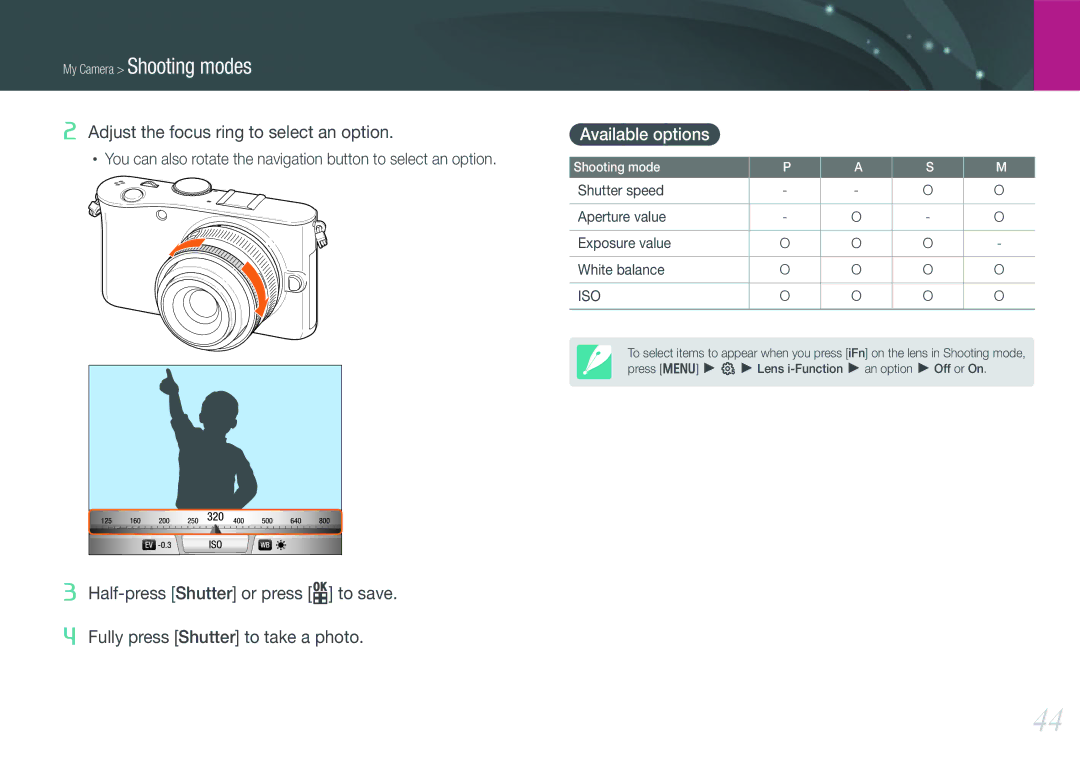 Samsung NX100 user manual Available options, Shutter speed Aperture value Exposure value White balance 