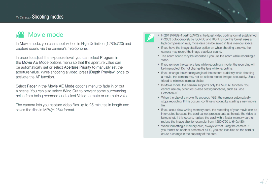 Samsung NX100 user manual Movie mode 