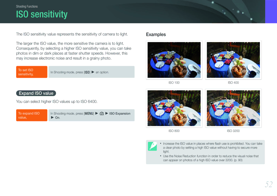 Samsung NX100 user manual ISO sensitivity, Expand ISO value, You can select higher ISO values up to ISO 