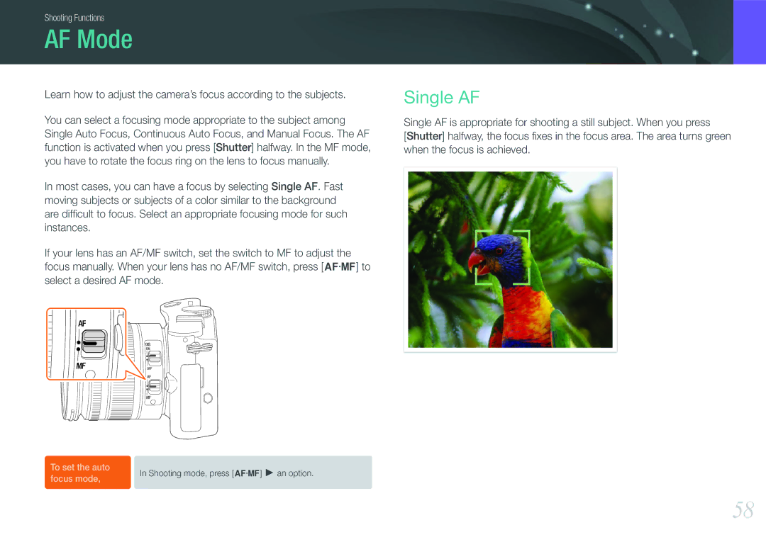 Samsung NX100 user manual AF Mode, Single AF 