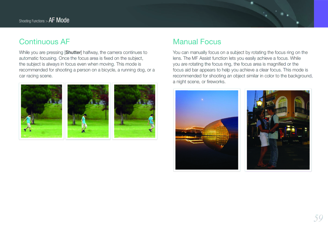 Samsung NX100 user manual Continuous AF, Manual Focus 