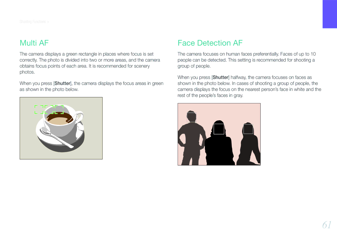 Samsung NX100 user manual Multi AF, Face Detection AF 