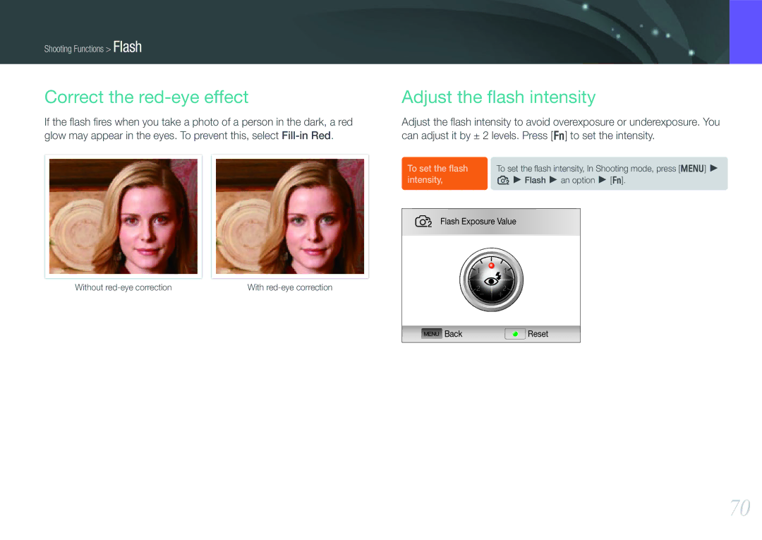 Samsung NX100 user manual Correct the red-eye effect, Adjust the ﬂash intensity 