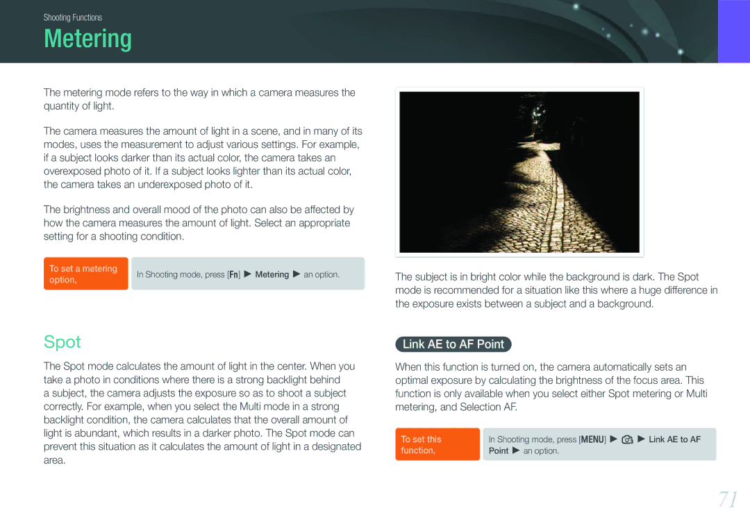 Samsung NX100 user manual Metering, Spot, Link AE to AF Point, Exposure exists between a subject and a background 