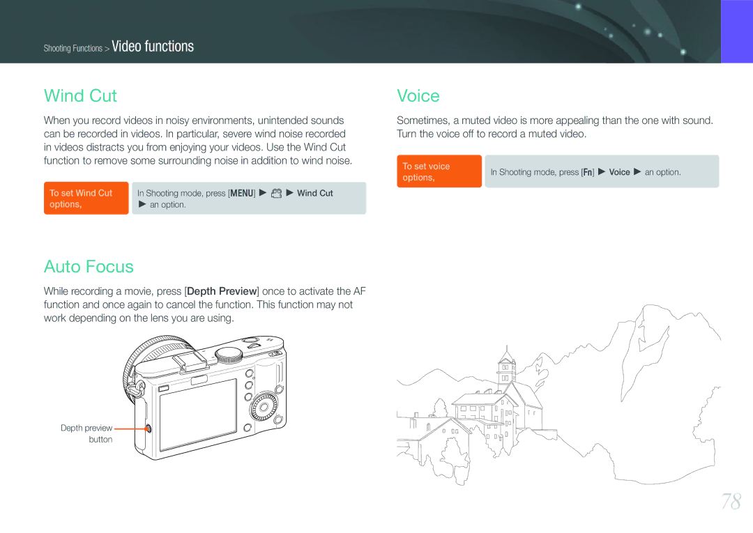 Samsung NX100 user manual Wind Cut, Auto Focus, Voice 