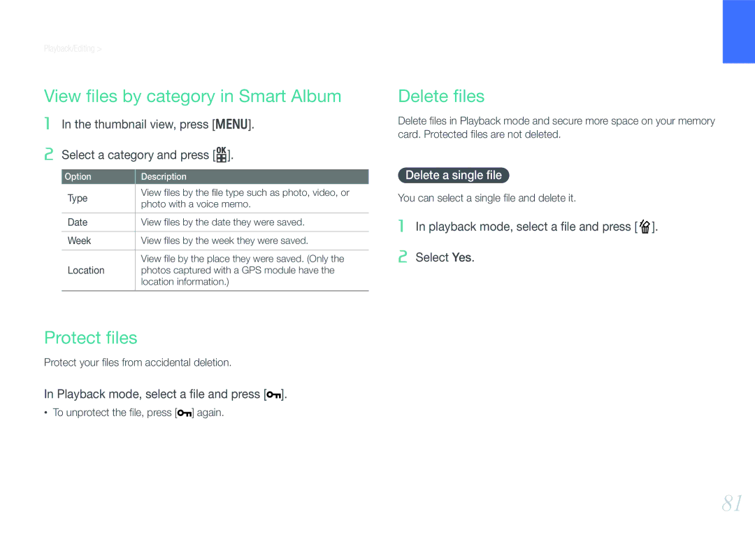 Samsung NX100 user manual View ﬁles by category in Smart Album, Protect ﬁles, Delete ﬁles, Delete a single ﬁle 