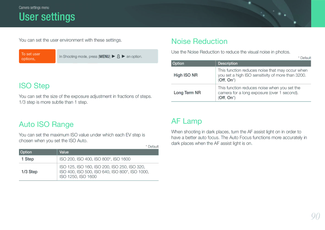 Samsung NX100 user manual User settings, ISO Step, Noise Reduction, Auto ISO Range, AF Lamp 