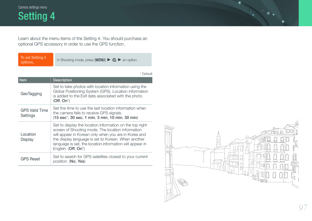 Samsung NX100 user manual Set to take photos with location information using, GeoTagging, English. Off, On, GPS Reset 