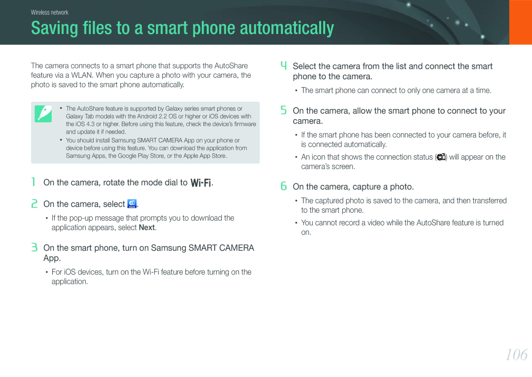 Samsung NX1000 Black 2lens Kit, EV-NX1000BHWUS, EV-NX1000BABUS user manual Saving ﬁles to a smart phone automatically, 106 