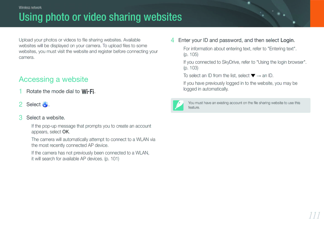 Samsung EV-NX1000BHWUS, EV-NX1000BABUS user manual Using photo or video sharing websites, 111, Accessing a website 