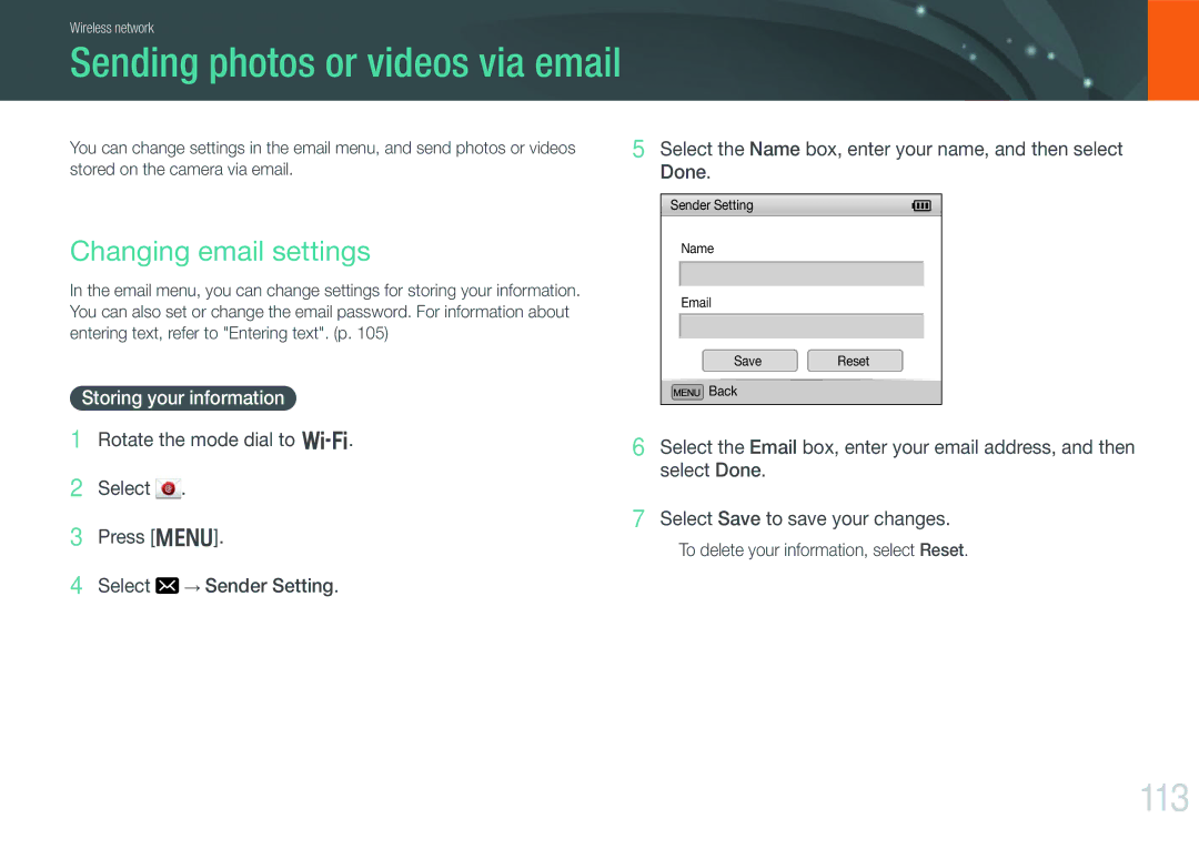 Samsung EV-NX1000BABUS, EV-NX1000BHWUS, NX1000 Black 2lens Kit 113, Changing email settings, Stored on the camera via email 