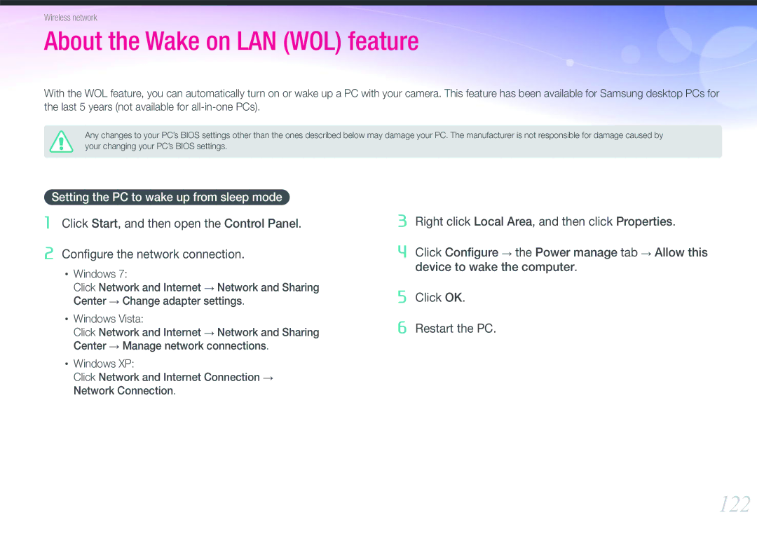 Samsung NX1000 Black 2lens Kit, EV-NX1000BHWUS, EV-NX1000BABUS user manual 122, Setting the PC to wake up from sleep mode 