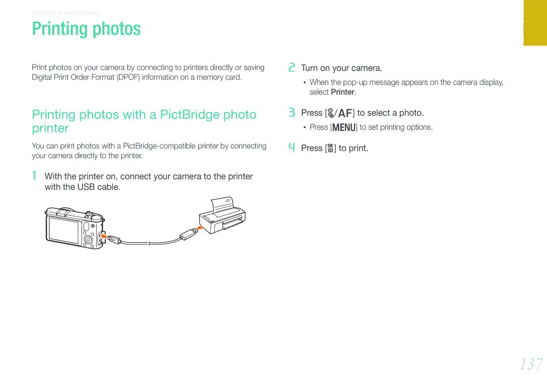 Samsung EV-NX1000BABUS, EV-NX1000BHWUS, NX1000 Black 2lens Kit 137, Printing photos with a PictBridge photo printer 