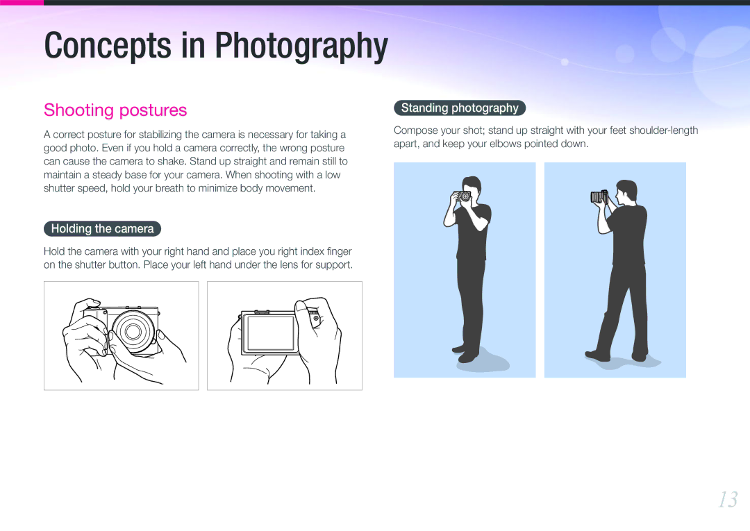 Samsung EV-NX1000BABUS, EV-NX1000BHWUS, NX1000 Black 2lens Kit user manual Holding the camera, Standing photography 