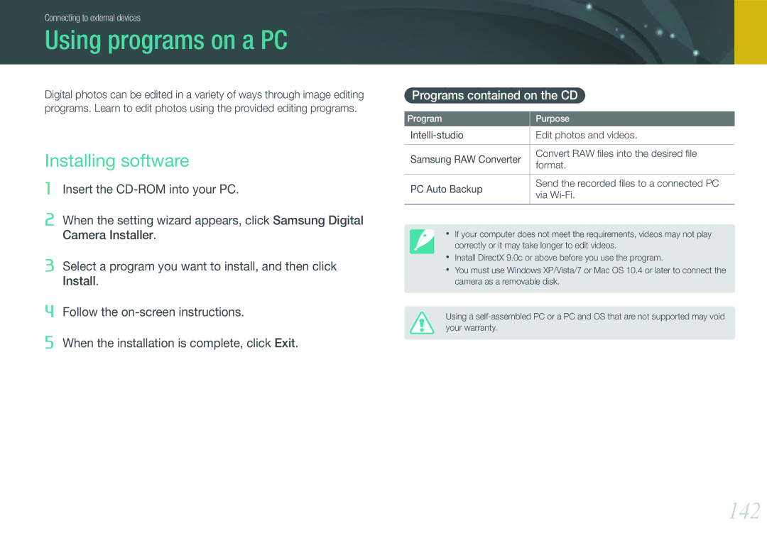 Samsung NX1000 Black 2lens Kit user manual Using programs on a PC, 142, Installing software, Programs contained on the CD 