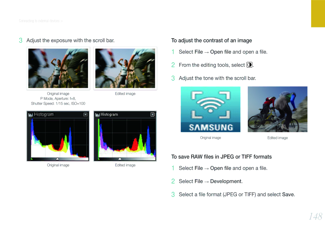 Samsung EV-NX1000BHWUS, EV-NX1000BABUS 148, To adjust the contrast of an image, To save RAW ﬁles in Jpeg or Tiff formats 