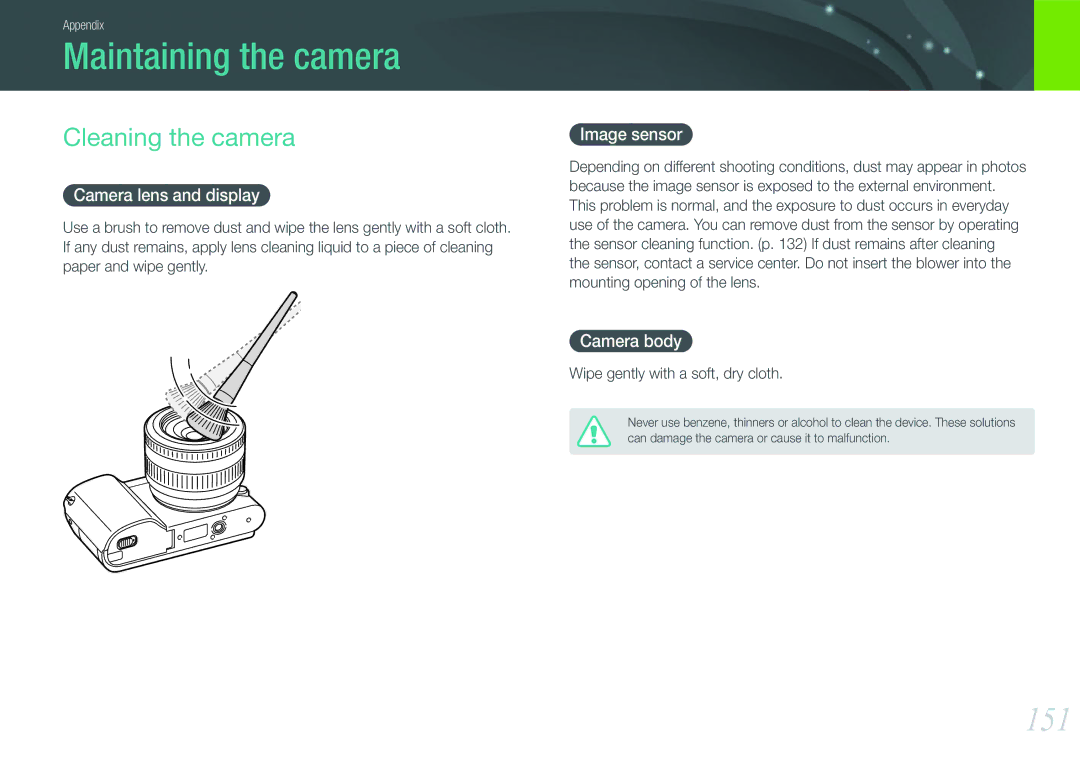 Samsung EV-NX1000BHWUS, EV-NX1000BABUS, NX1000 Black 2lens Kit Maintaining the camera, 151, Cleaning the camera 