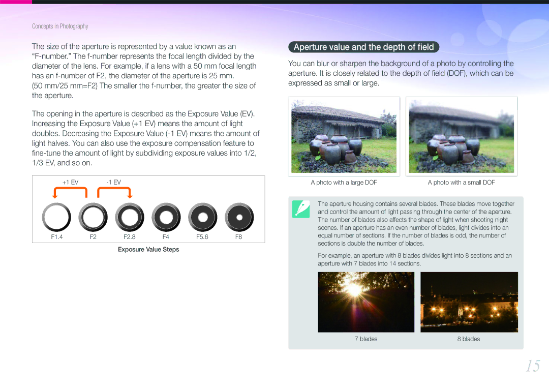 Samsung EV-NX1000BHWUS, EV-NX1000BABUS, NX1000 Black 2lens Kit user manual Aperture value and the depth of ﬁeld 