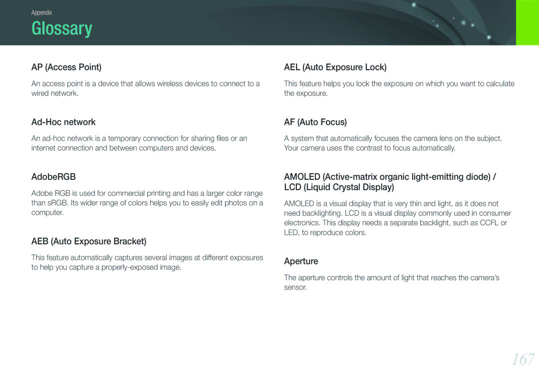 Samsung EV-NX1000BHWUS, EV-NX1000BABUS, NX1000 Black 2lens Kit user manual Glossary, 167 