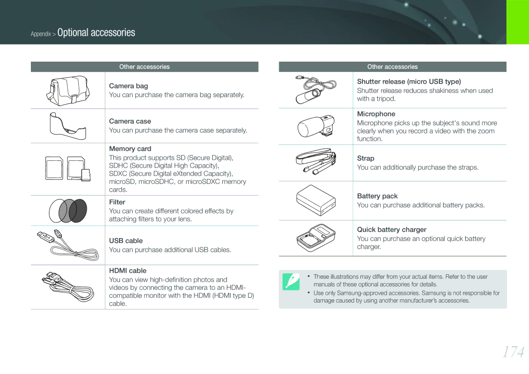 Samsung NX1000 Black 2lens Kit, EV-NX1000BHWUS, EV-NX1000BABUS user manual 174, Appendix Optional accessories 