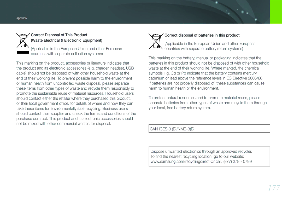 Samsung EV-NX1000BABUS, EV-NX1000BHWUS, NX1000 Black 2lens Kit user manual 177, Correct disposal of batteries in this product 