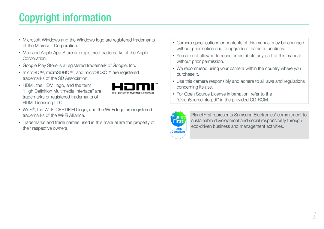 Samsung EV-NX1000BABUS, EV-NX1000BHWUS, NX1000 Black 2lens Kit user manual Copyright information 