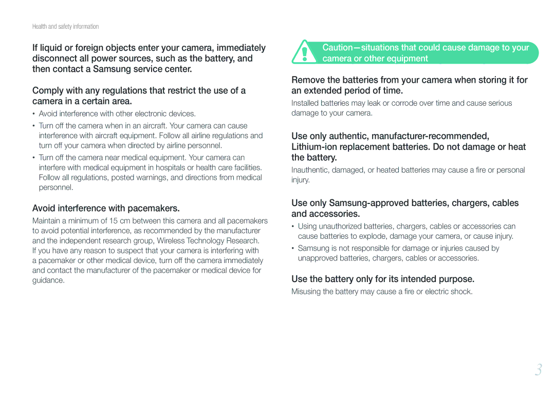 Samsung EV-NX1000BHWUS user manual Avoid interference with pacemakers, Use the battery only for its intended purpose 