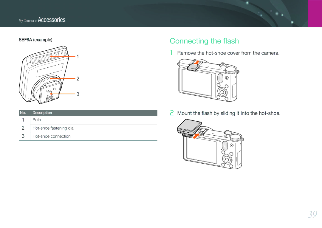 Samsung EV-NX1000BHWUS user manual Connecting the ﬂash, SEF8A example, Bulb Hot-shoe fastening dial Hot-shoe connection 