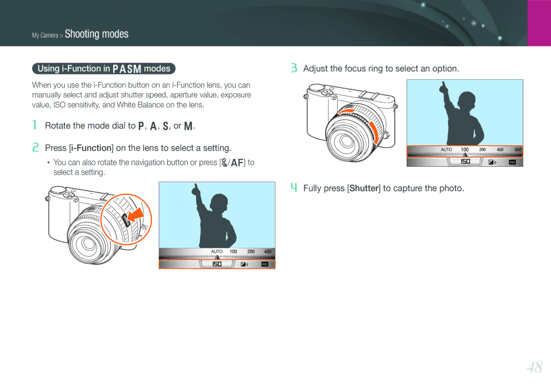 Samsung EV-NX1000BHWUS, EV-NX1000BABUS, NX1000 Black 2lens Kit user manual Using i-Function in Pasm modes 